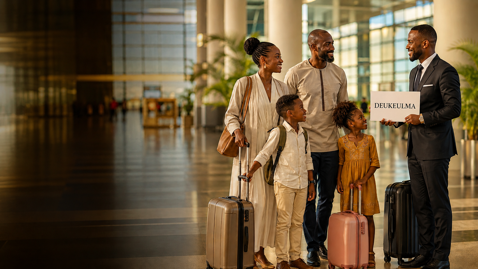 Famille accueillie par un concierge Deukeulma à l'aéroport AIBD de Dakar